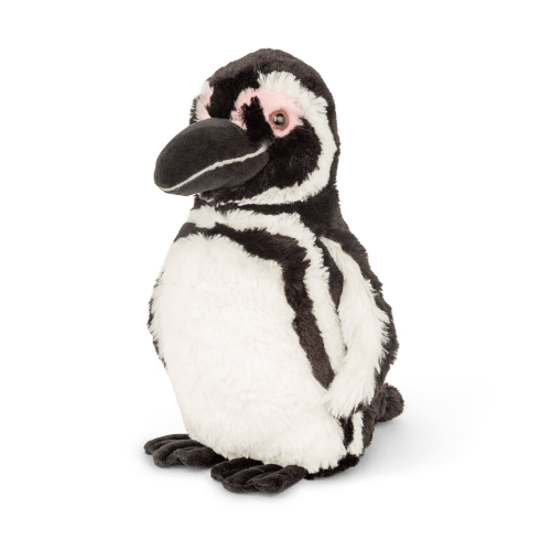 Penguin plushie angled view.